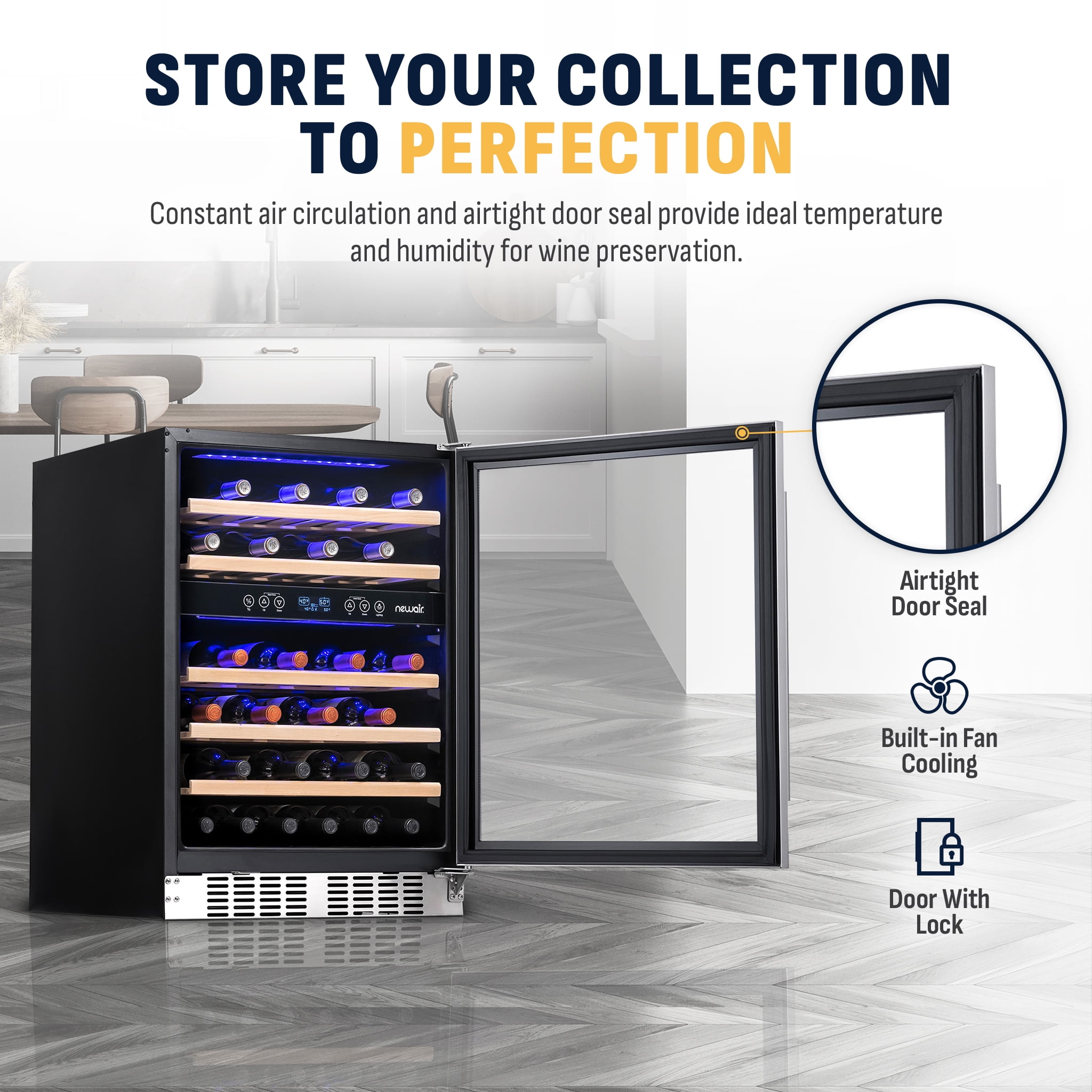 Newair 24 inch 46 Bottle Wine Cooler Refrigerator, Built-in Recessed Kickplate, Dual Zone Wine Fridge in Stainless Steel