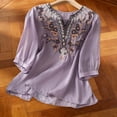 thumbnail image 3 of Summer Women Boho T-Shirts Floral V Neck Embroidered Tops Short Sleeve Loose Casual Flowy Trendy Shirts Purple 2XL, 3 of 6