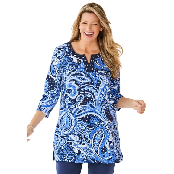 Woman Within Plus Size 7-Day Three-Quarter Sleeve Grommet Notch Tunic