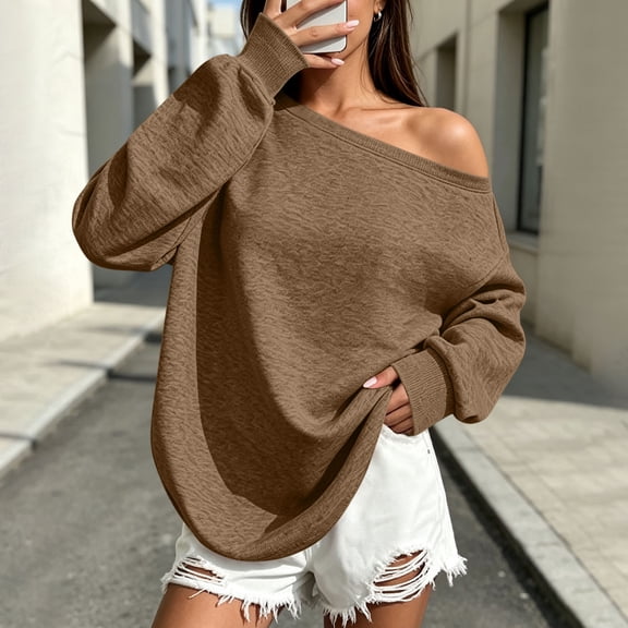 Tusihei Women's Off Shoulder Sweatshirt Long Sleeve Flowy Casual Pullover Tops Solid Basic Loose Sweater Fall Clothes Trendy Streetwear, Brown S