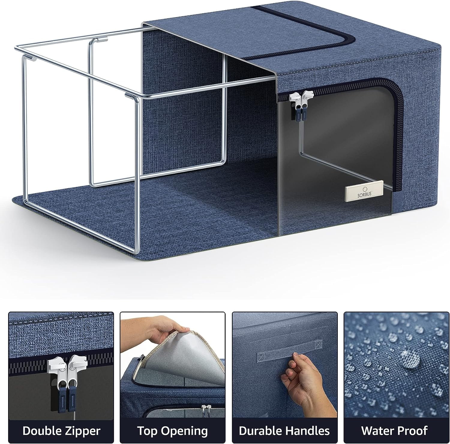 Sorbus Foldable Storage Bin with Metal Frame – Stackable Organizer with Handles, Blue