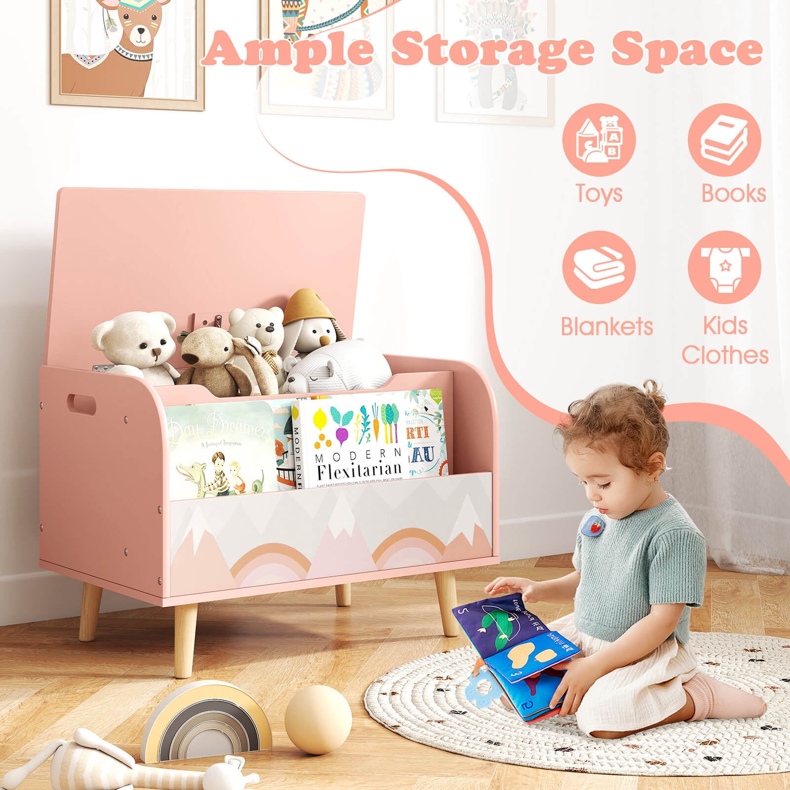 Costway Kids Wooden Toy Box with Front Bookshelf 4 Solid Wood Legs Flip-top Lid for Nursery Pink