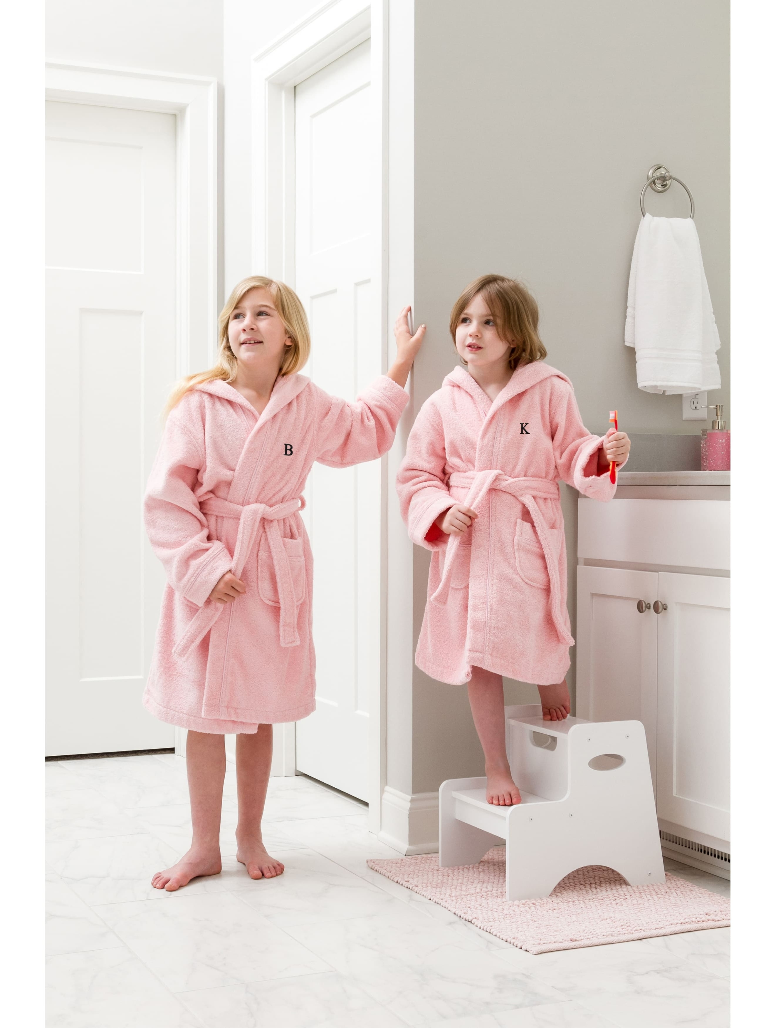 Embroidered Pattern Sweet Kids Turkish Cotton Terry Cloth White Royal Blue Monogram Hooded Bathrobe