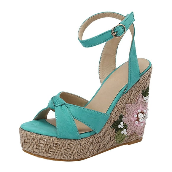 XIAQUJ 2024 Summer New Korean Edition Slope Heel Sandals Imitation Grass Weaving Thick Sole Water Proof Platform Ultra High Heel Elevated Sandals for Women Sandals for Women 2024 Blue 7