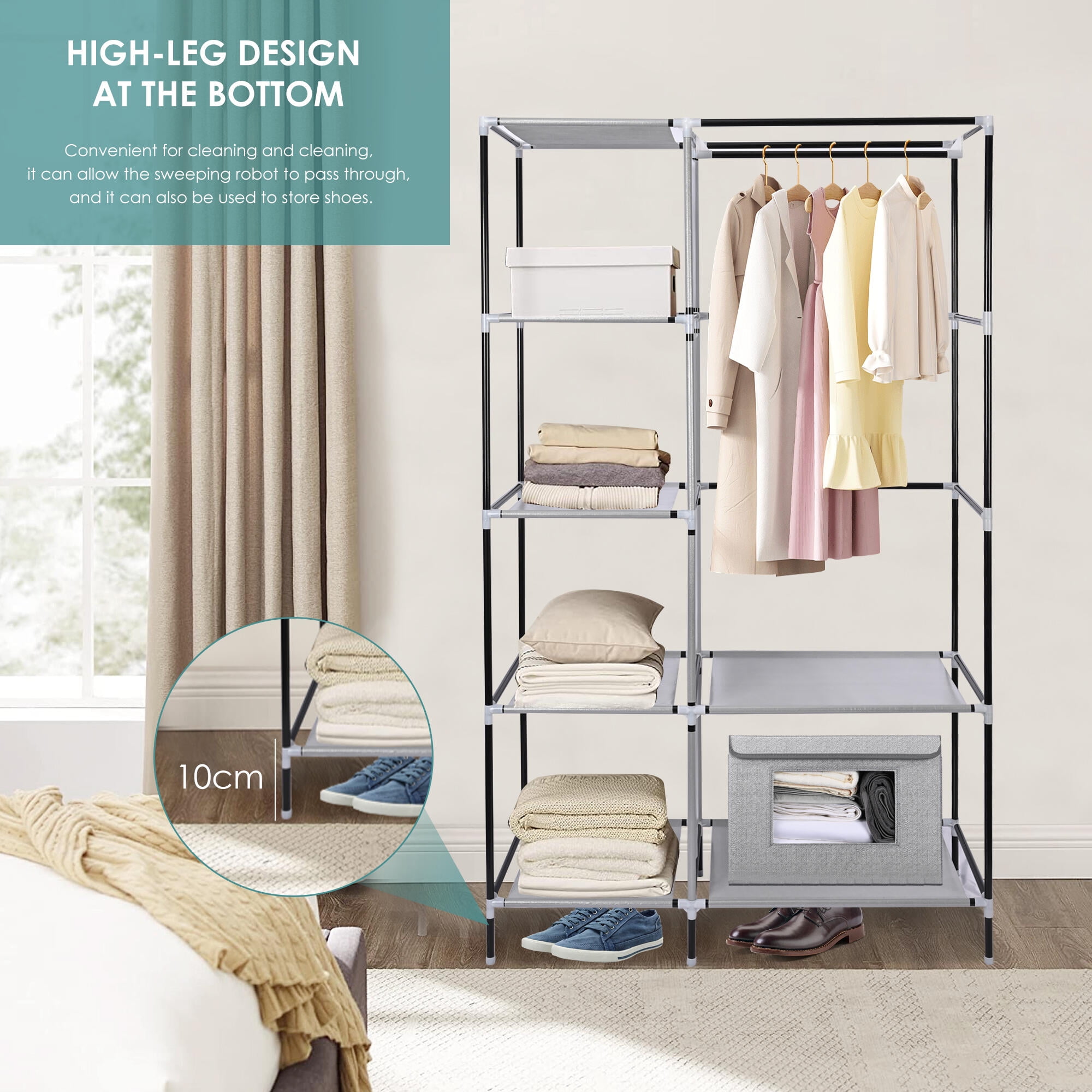 SortWise Closet Storage Organizer Garment Rack with 6 Drawers and 3 Overhead Bar for Hanging Clothes