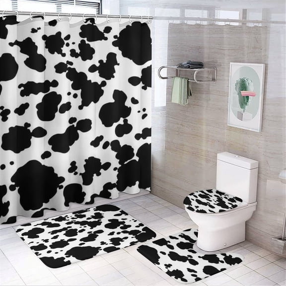 Animal Printing Cow Shower Curtain Set Modern Bathroom Decor Mats 4pcs Fabric Bathroom Curtain Slip Floor Rug Toilet Lid