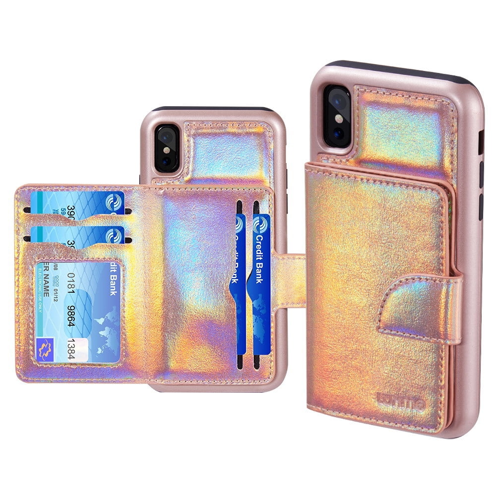 Holographic Perfect Fit Case for Apple iPhone X / iPhone 10 Premium Vegan Leather Wallet Case with Card Slots and Magnetic Cover