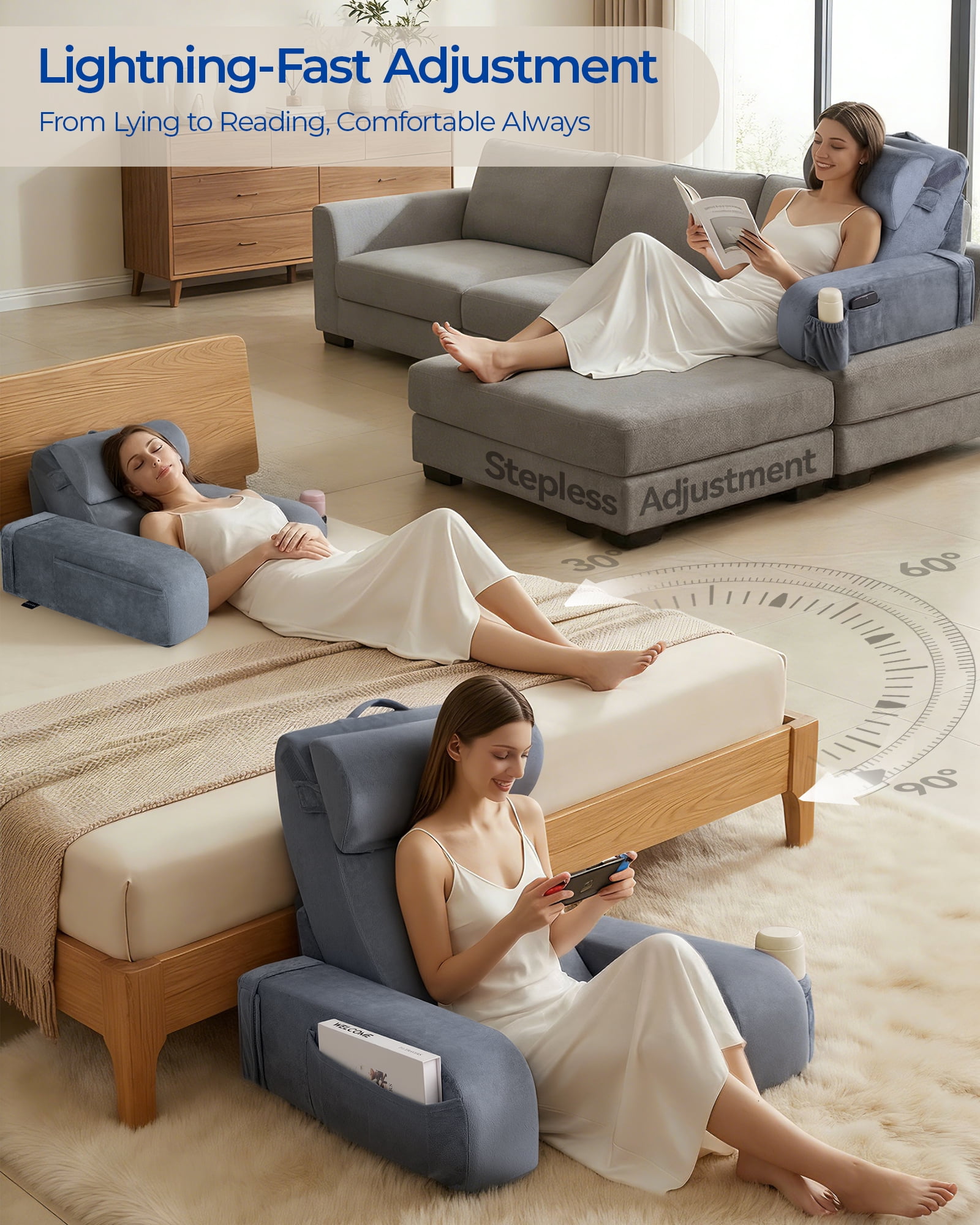 Kayfia Reading Pillow with 30-90°  Adjustable Angle & Height, 2 in 1 Back Wedge Pillow for Bed Sitting up with Detachable Arms Rest, Backrest Pillow for Reading/Gaming/Working in Bed or Couch, Medium