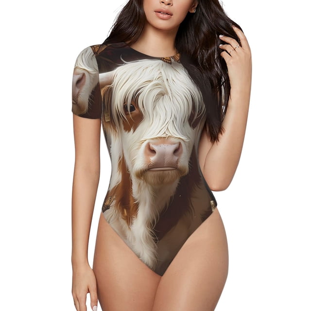 Balery Cow With Butterflies Body de cuello redondo de manga corta para mujer Tops de manga corta Tops básicos-Large