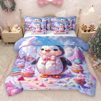 jejeloiu Cartoon Antarctic Penguin 7pcs Bedding Comforter Set,Wild Animal Queen Bedding Sets,Rainbow Ice Cream Queen Sheet Sets For Girls Teens,Microfiber Bedroom Decor Reversible