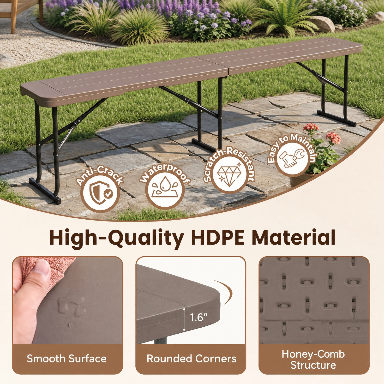 Biotree 6 Feet Folding Bench for Picnic Camping Dining 17" x 72" Portable Seat for Backyard Party, Coffee