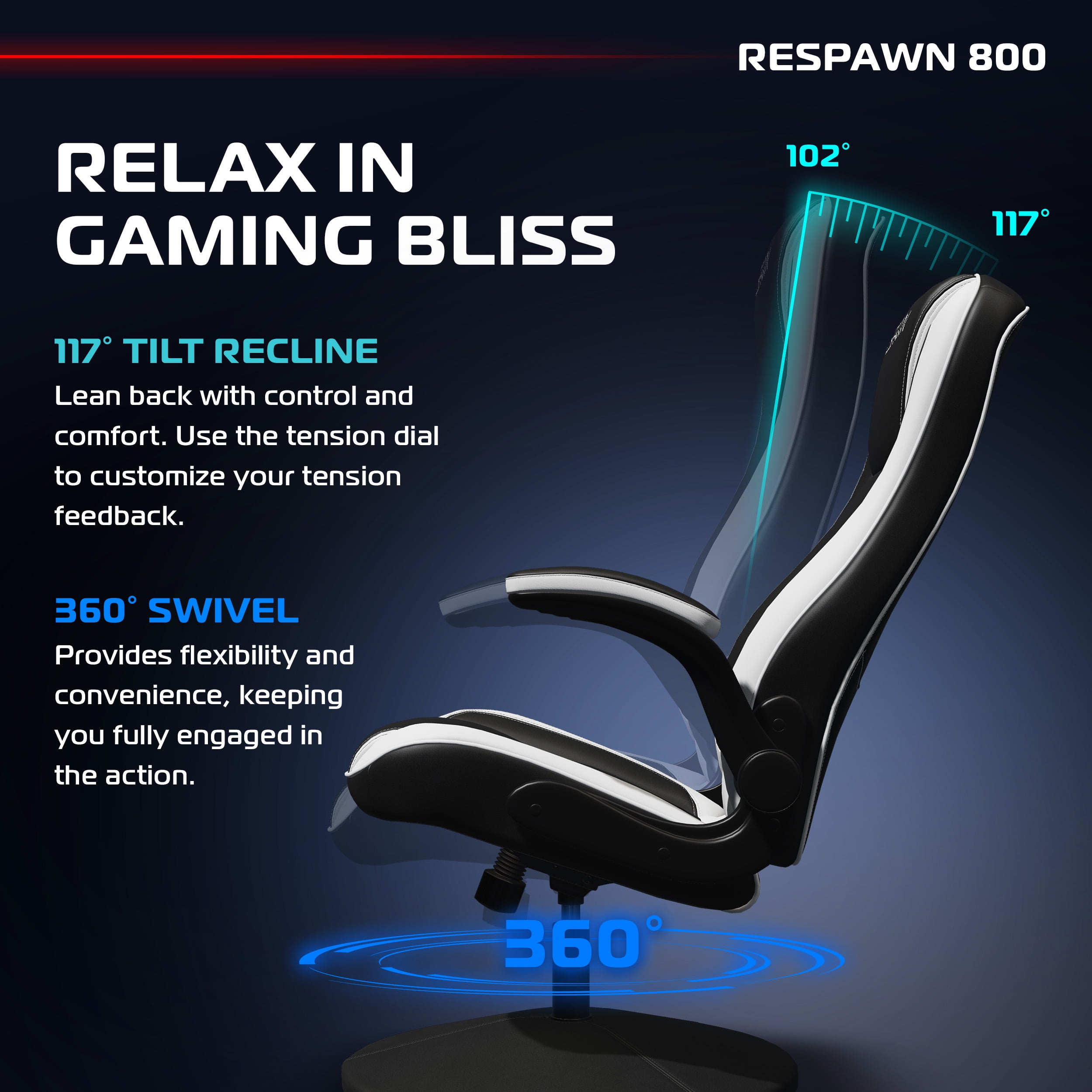 RESPAWN 800 Swivel Rocker Gaming Chair - Ergonomic Floor Gaming Seat with Lumbar Support, Flip Up Armrest, High Back, Pedestal Base, Comfortable No Wheels Console Video Game Rocker Chair - White