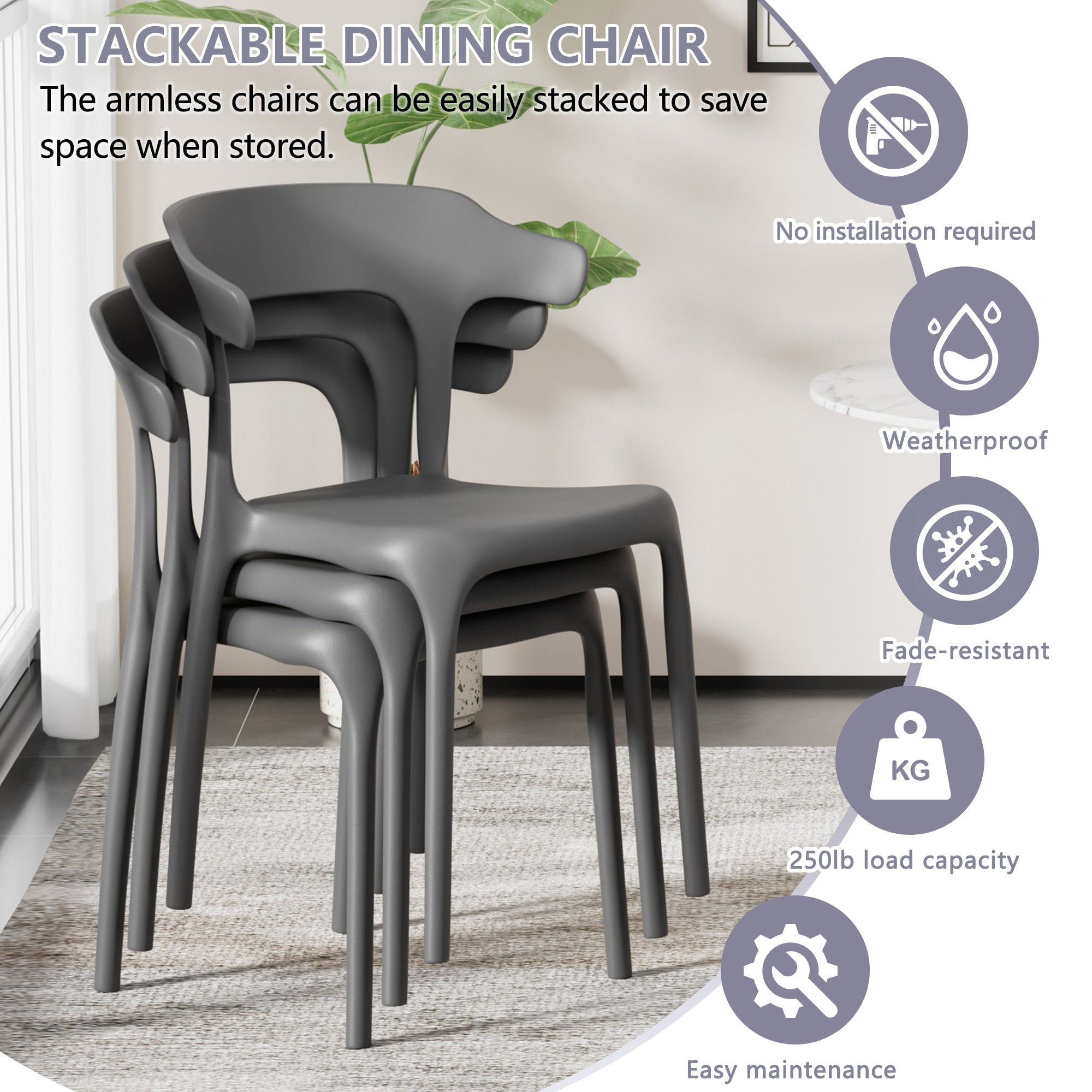 VECELO Stackable Patio Dining Chair Set of 4, Outdoor/Indoor Dining Chairs for Restaurant, Poolside and Garden, No Assembly, Grey