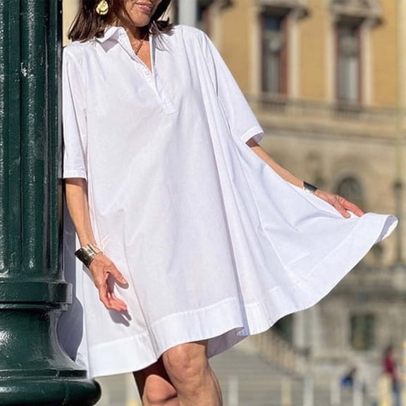 Nmnitkp Dresses for Women Linen Blend Shirt Collar Shift Dress, Short Sleeve Half Button Loose Fit Casual Summer Dress for Beach Womens Dresses White,S