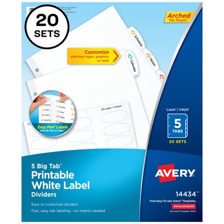 UPC: 0072782144340 | Avery Big Tab Printable Label Dividers  Easy Peel  5 Tabs  20 Sets (14434)