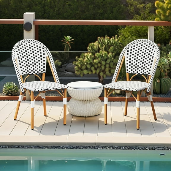 AVAWING Outdoor French Bistro Chair Set of 2, Patio Rattan Dining Chair w/ Print Finish, Black&White