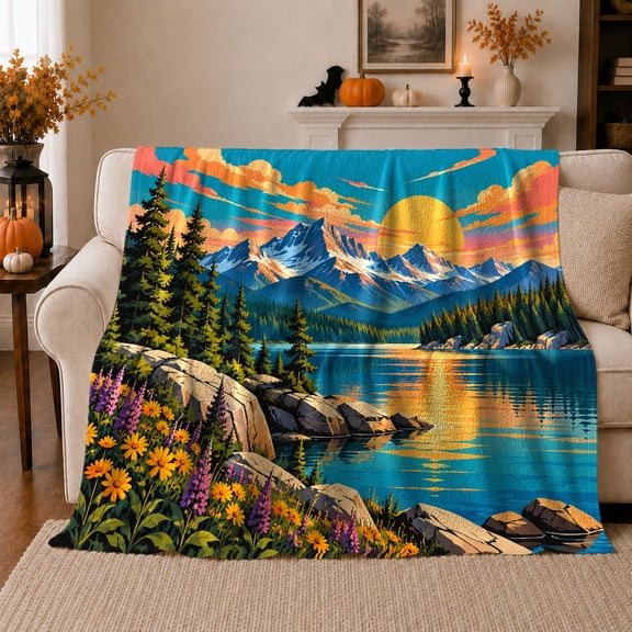 Mountain Lake Wilderness Landscape Mountains Lupine Wildflowers, Peaceful Mountain Lake Scene, Warm Flannel Blanket for Cabin and Lodge, Outdoor Lovers Camping Gift, Rustic Home Decor