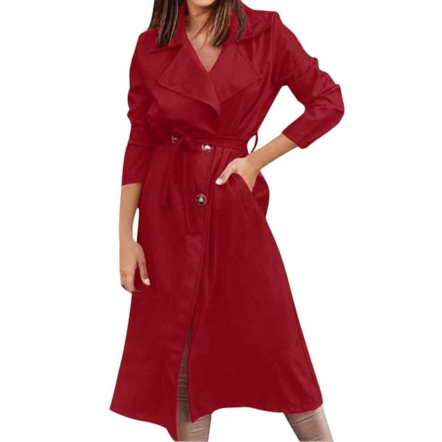 WRKEKC Women's Belted Trench Coat Long Length Button Front Solid Color Fall Casual Office Wear Transitional Layer Plus Size Available Wine XXL