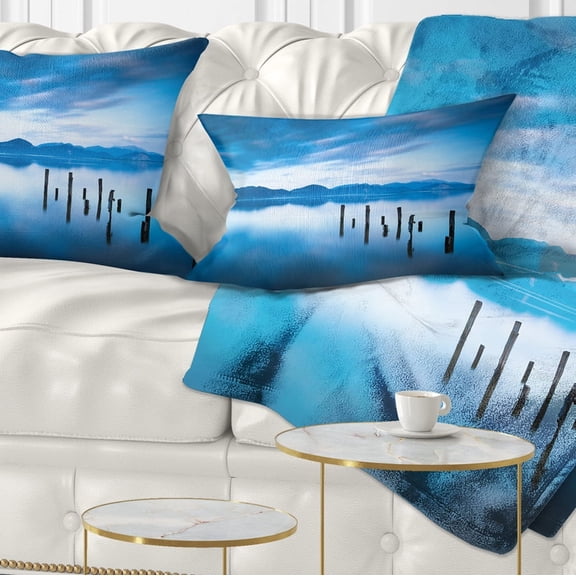 Designart Blue Lake with Wooden Pier - Landscape Photography Throw Pillow - 12x20