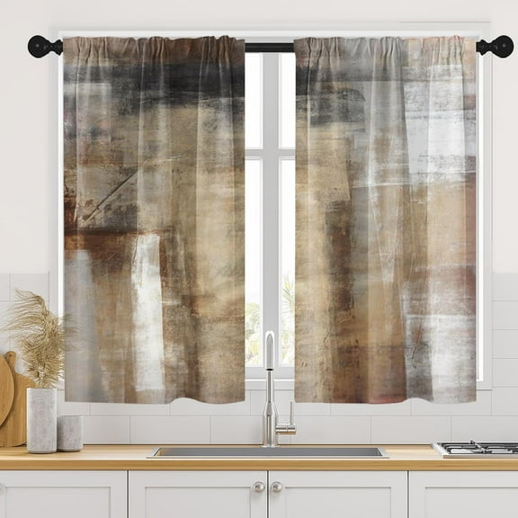 Brown Beige Kitchen Curtains 39 Inch Length Modern Abstract Painting Art Window Short Tier Curtains Over Sink Set of 2, Grey Contemporary Vintage Small Kitchen Decor 27.5x39 Inch