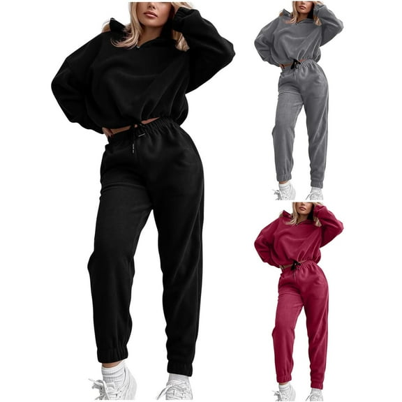 Feancey Jogging Suits for Women 2 Piece Set Quarter Zip Stand Collar Cropped Sweatshirts and Drawstring Jogger Pants Solid Casual Sweatsuits Black L