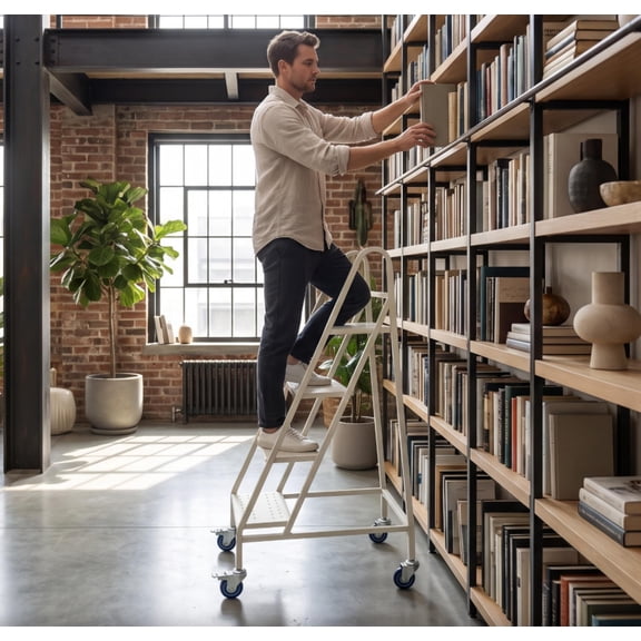 Step Ladder 4 Step Rolling, Heavy Duty Industrial Platform Ladder with Guardrails and Locking Casters, 661 LBS