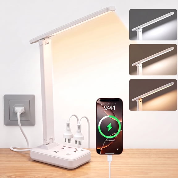 DAYBETTER LED Desk Lamp, Foldable Desk Lamp with 2 USB Charging Ports & 2 AC Outlets, 3 Color Modes, Eye-Caring Desk Lamp for Reading, Study, Work