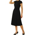 thumbnail image 4 of Vestido plisado de mujer Inspire Chic con cuello simulado, mangas cortas, ceñido a la cintura, estilo A, color negro, 4 of 6
