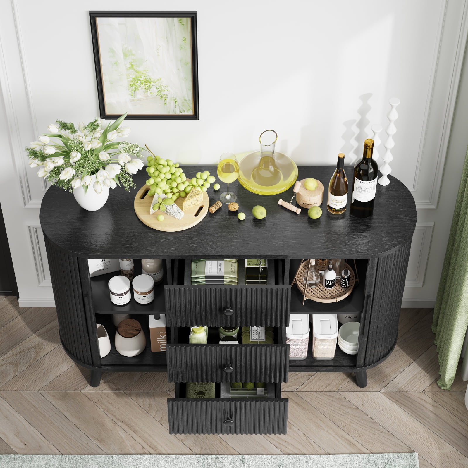 Hommoo Sideboard Buffet Cabinet with 2 Sliding Tambour Doors and 3 Drawers, Credenza Storage Cabinet with Adjustable Shelves for Living Room, Black