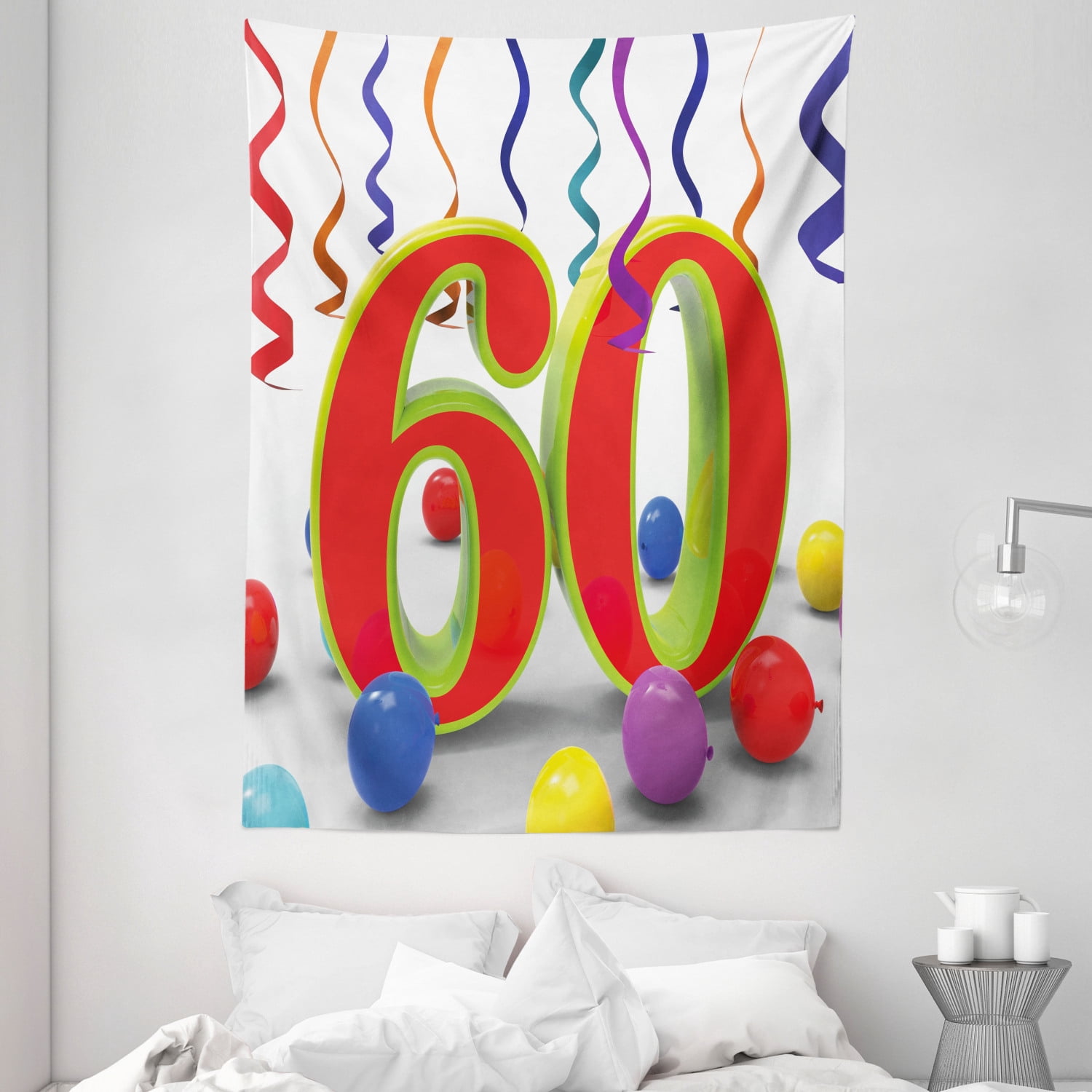 60th Birthday Decorations Tapestry, Party Confetti Swirls with Baloons