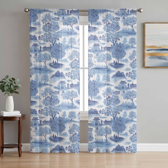 Blue Garden Sheer Curtains 72 Inch Length 2 Panels Set, Modern Art Building Trees Boat Landscape Voile Window Treatment Rod Pocket Curtains Sheers Drapes for Bedroom/Living Room/Kitchen 52"x72"x2
