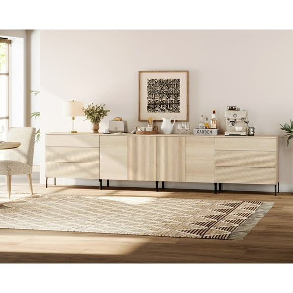 126" Modern Reeded 4-Door Sideboard with Drawers, 4-In-1 Wooden Credenza Storage Cabinet for Kitchen, Dining Room