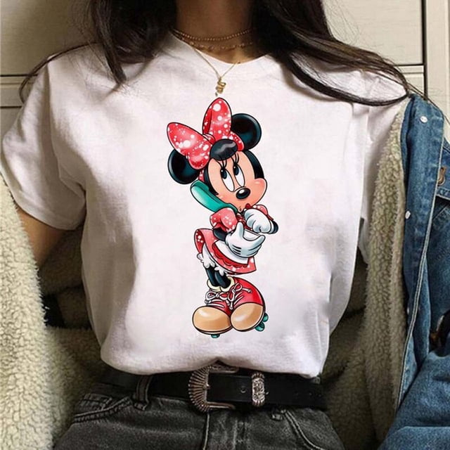 Disney Mickey and Minnie 100% Cotton T-shirt Cute Women's Top O-Neck Summer Kawaii Mickey Mouse Casual Tee Free ShippingXS Gao Jinjia LED