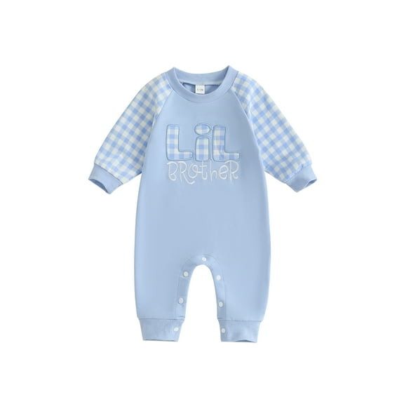 Suealasg Baby Boy Fall Romper Plaid Print Letter Embroidery Long Sleeve Round Neck Full Length Jumpsuit