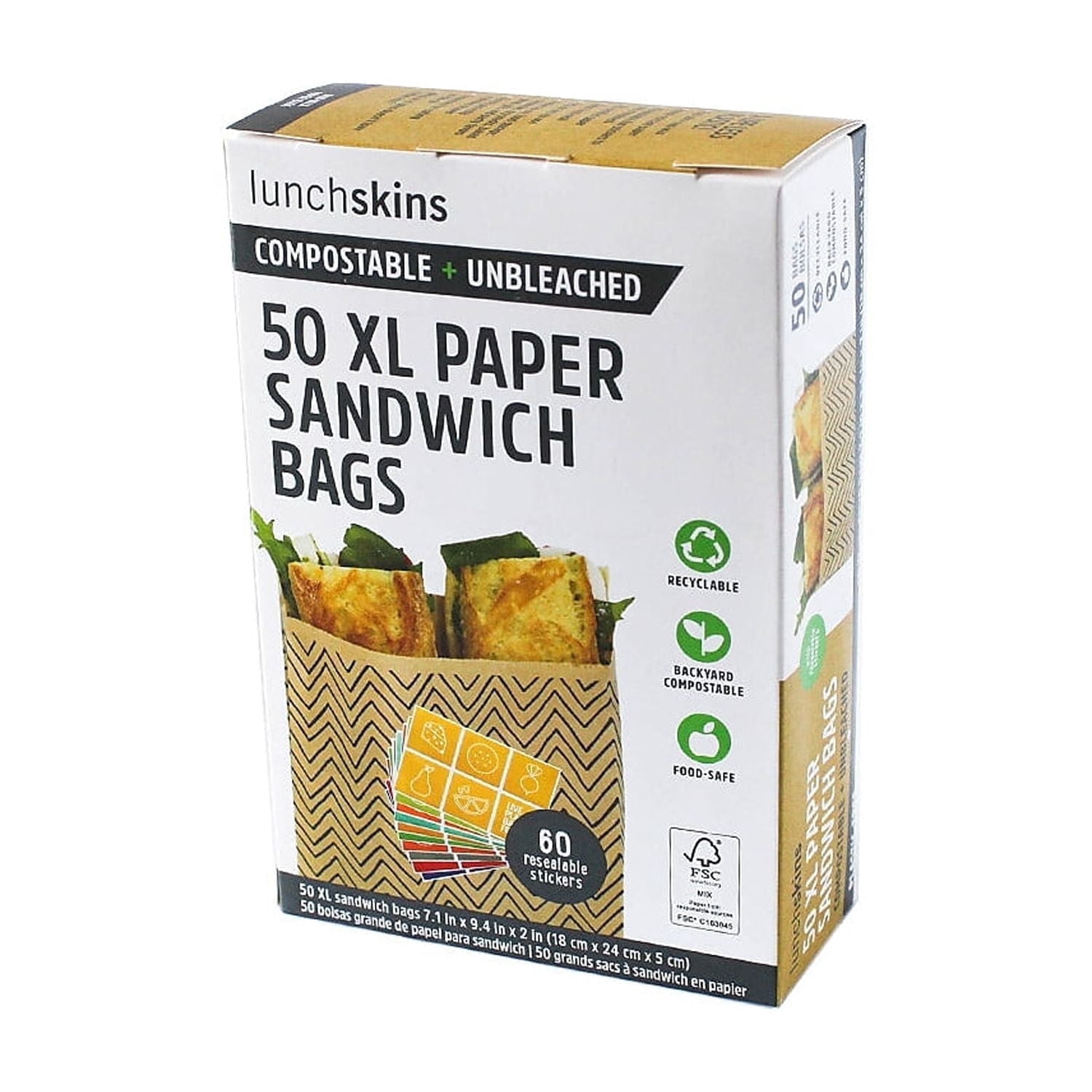 (3 pack) Lunchskins XL Compostable Sandwich Bags, 50 Count, Chevron Design, Eco-Friendly Kraft Paper with Recyclable Stickers