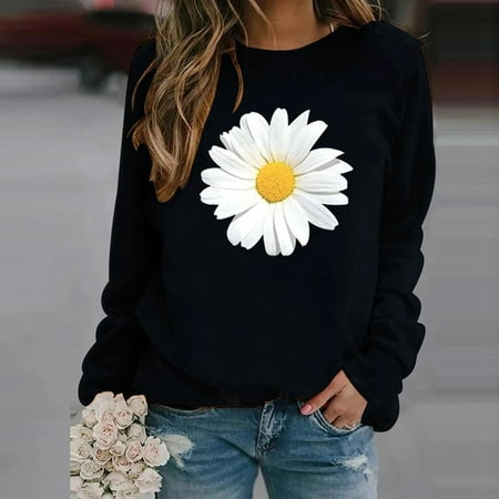 

YFPWM Work Blouses for Women bustier tops backless top concert tops linen shirtsWinter Tops Daisy Print Sweatshirt