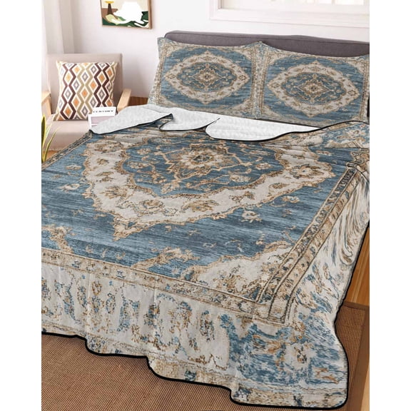 Boho Blue King Size Down Alternative Comforter, Lightweight Comforter Quilt Bedding Set with Pillow Shams Retro Tribal Traditional Distressed Printed All Seasons Bed Comforter Duvet Insert 96"x106"