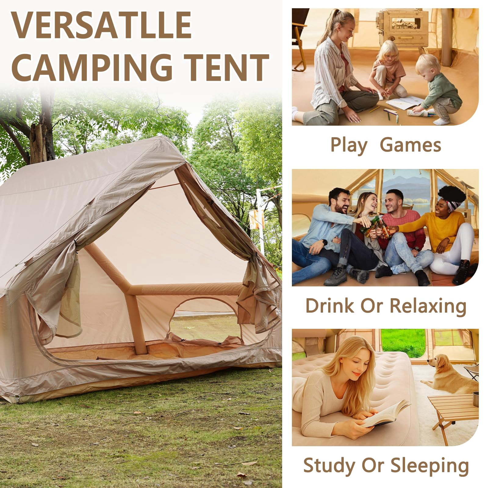 Esheno 4-6 Person Inflatable Camping Tent with Pump Quick Setup 4-Season Family Tent Waterproof Windproof 420D Oxford Fabric