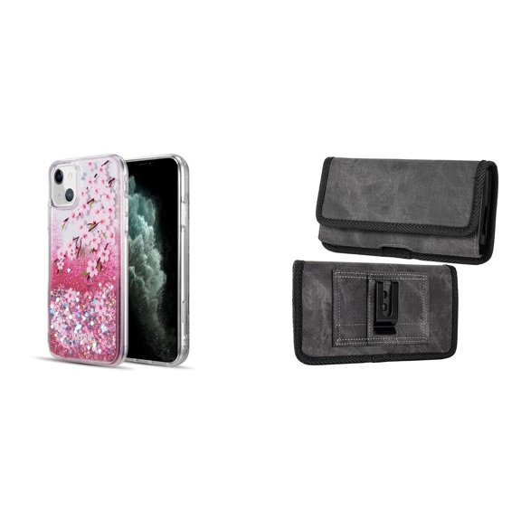 Liquid Glitter Case for iPhone 14 Plus and Belt Holster Pouch (Cherry Blossom/Gray)
