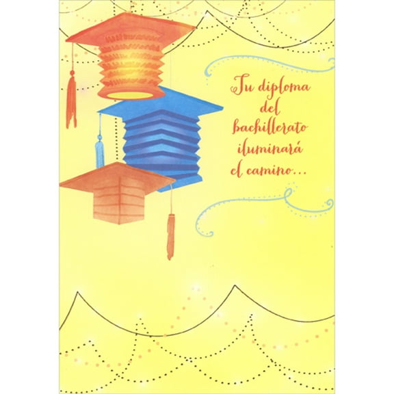 Designer Greetings Orange and Blue Grad Cap Lanterns on Yellow with Foil Waves Spanish High School Graduation Congratulations Card
