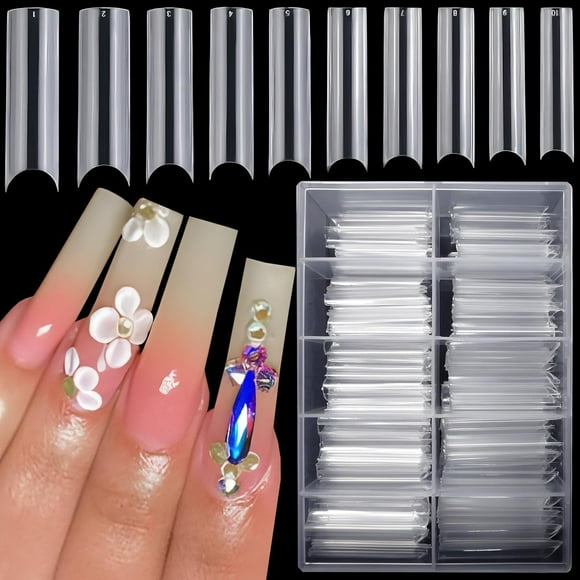 AIR-200pc XL C Curve Nail Tips Extra Long Tapered Square Fake Nails Half Cover Clear Artificial Nail Art Tips 10 Size False Nails Tech Supplies for Gel X Acrylic Nail Extension