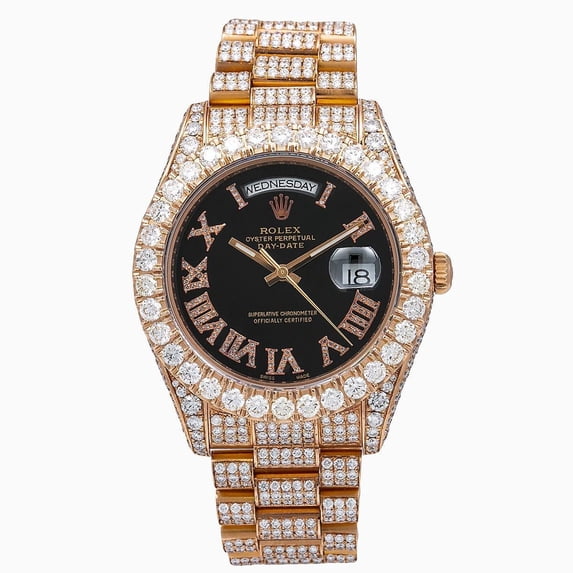 Pre-Owned Rolex Day-Date II 41MM 218235 Black Roman Diamond Dial Diamond Bezel 18K Rose Gold Full Diamond President Bracelet 25.75ct