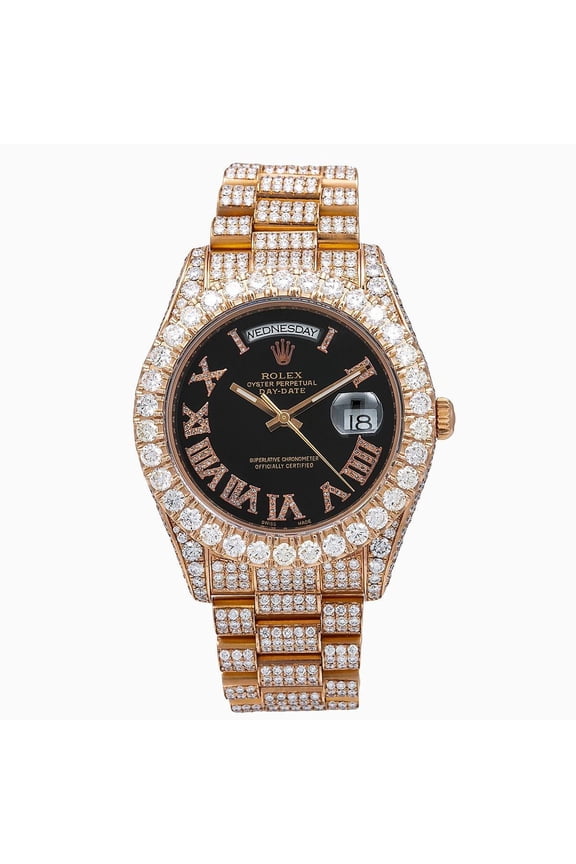 Pre-Owned Rolex Day-Date II 41MM 218235 Black Roman Diamond Dial Diamond Bezel 18K Rose Gold Full Diamond President Bracelet 25.75ct