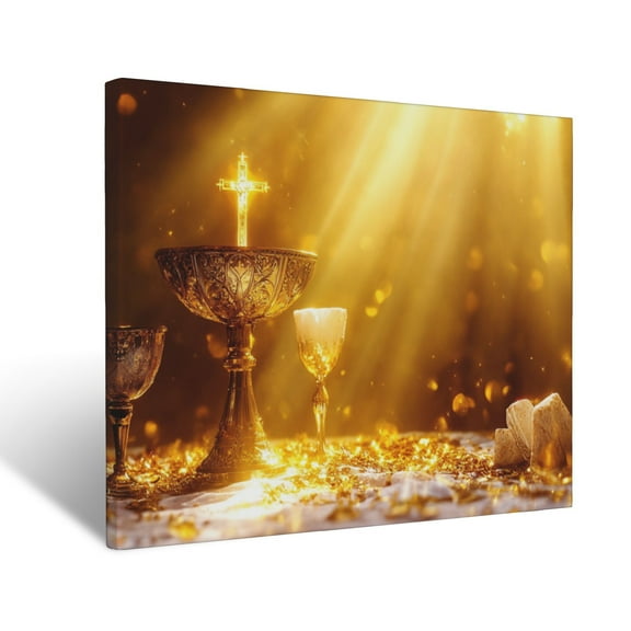 CozyNet Holy Communion Elements Glowing With Divine Light, Surrounded By Golden Radiance Wall Art Prints With Frame Canvas Perfect for Living Room & Bedroom, Ready to Hang, Wall Decor 12"x16"