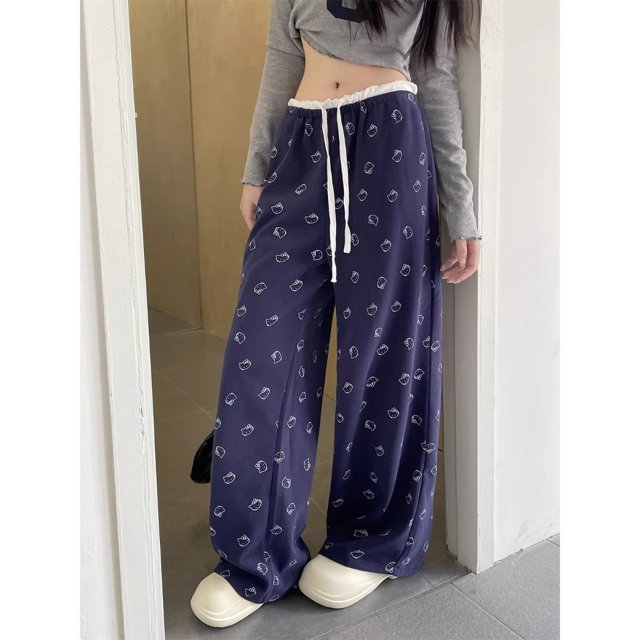 Pantalones casuales de Hello Kittys grises para mujer, pantalones holgados de cintura baja, rectos, con pierna ancha, pantalones de ocio, pantalones deportivos para niñas