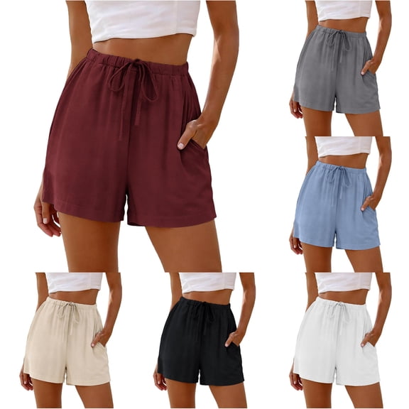 Gyujnb Women's Casual Linen Shorts Elastic Drawstring Waist Loose Fit Shorts with Pockets for Summer Daily Wear,Brick Red