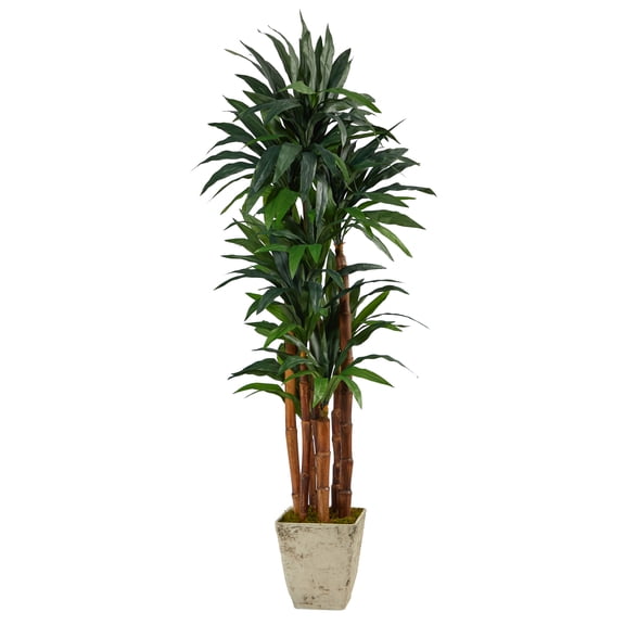 Nearly Natural 69in. Dracaena Artificial Tree in Country White Planter