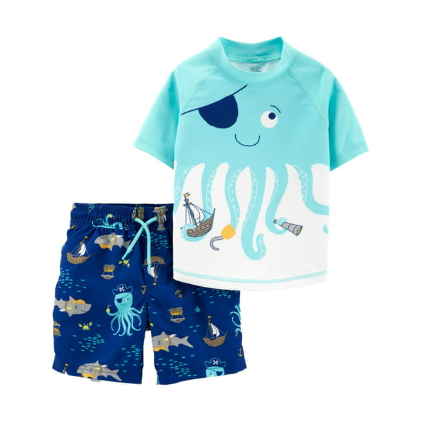Carter's Carters Infant Boys Blue Octopus Ship Rash Guard Shirt & Swim Trunks 3m