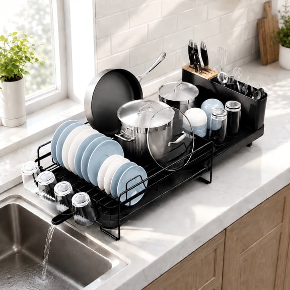 Efoee Dish Drying Rack, Sink Rack,Plate Rack for Countertop,Extendable Dish Drainer,Rust-Resistant, Black