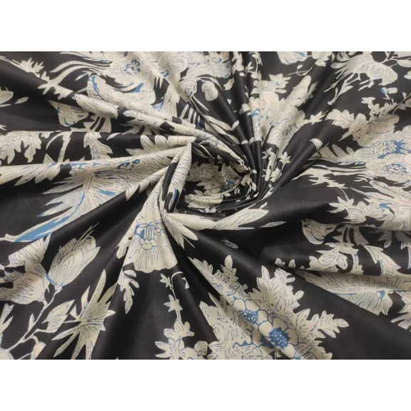 Black Floral Print Indian Handmade Fabric 5 Yard Dressmaking Sewing Leaf Printed